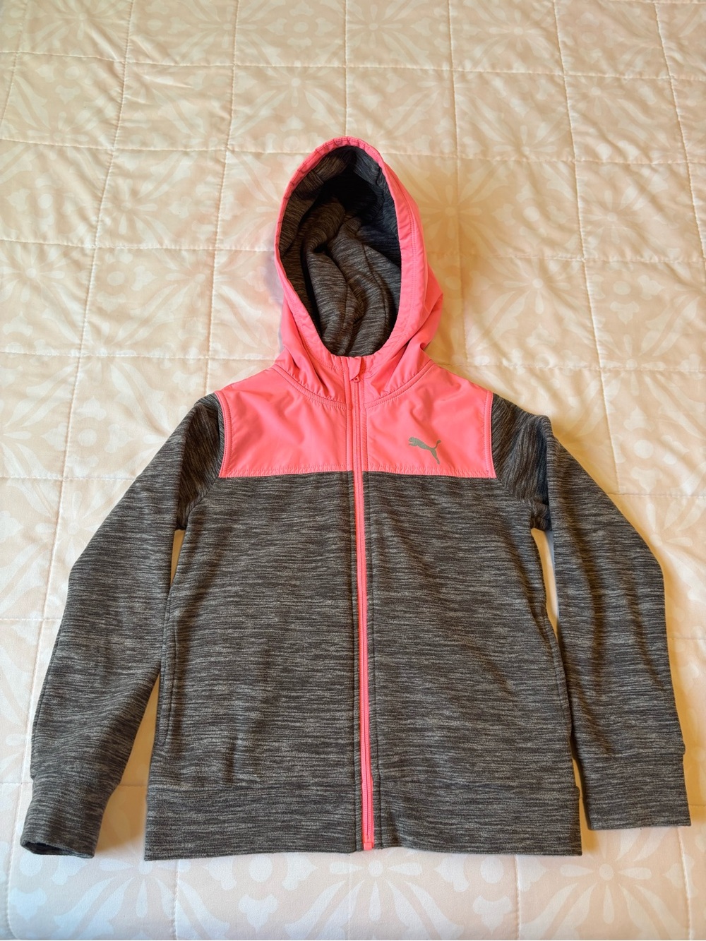Puma Gray & Pink Girls' Full-Zip Hooded Sweatshirt